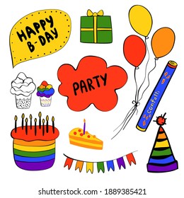 birthday doodle set: confetti, banner, balloons, flags, garland, cake with candles, cupcakes; drawn by hand in vector. Use for the design of cards, invitations, banners