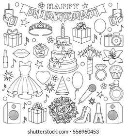 Birthday doodle set with girl objects and elements on white background. Coloring page.