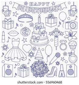 Birthday doodle set with girl objects and elements on squared background. Coloring page.