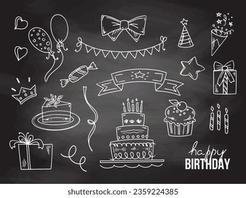 Juego de doodles de cumpleaños. Vector dibujado a mano - Dibujos de cumpleaños feliz en el fondo de la pizarra. Pastel con velas, gorra de fiesta, garland, globo, estrella, gorra, arco, corazón, caramelos, quequitos, caja de regalo, corona.