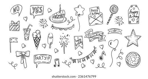 Birthday doodle set. Hand drawn vector Happy Birthday sketches on white background. Envelope, cake, balloon, ice cream, flags, hearts, labels, ribbons, bow, gift, star.
