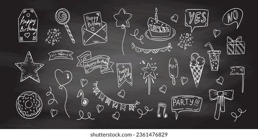 Geburtstagsdoodle-Set. Handgezeichnete Vektorgrafik Fröhliche Geburtstagskizzen auf Kalkartenhintergrund. Umschlag, Kuchen, Ballon, Eis, Flaggen, Herzen, Etiketten, Bänder, Bogen, Geschenk, Stern.