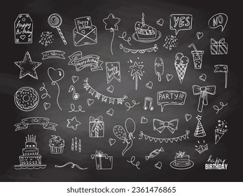 Birthday doodle set. Hand drawn vector Happy Birthday sketches on chalkboard background. Cake with candles, party cap, garland, balloon, star, cap, bow, heart, candies, letter, gift box, flags, crown.