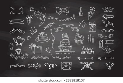 Birthday doodle set. Hand drawn vector Happy Birthday sketches on chalkboard background. Envelope, cake, balloon, ice cream, flags, hearts, labels, ribbons, bow, gift, star.
