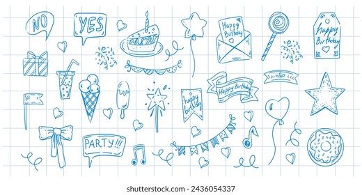 Birthday doodle set. Hand drawn vector Happy Birthday sketches on background of checkered notebook sheet. Envelope, cake, balloon, ice cream, flags, hearts, labels, bow, gift, star blue contour icons.