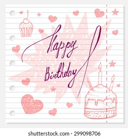 birthday  doodle set. hand drawn greeting card on lined paper.