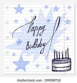 birthday  doodle set. hand drawn greeting card on lined paper.