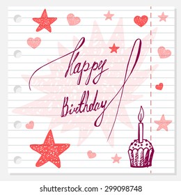 birthday  doodle set. hand drawn greeting card on lined paper.