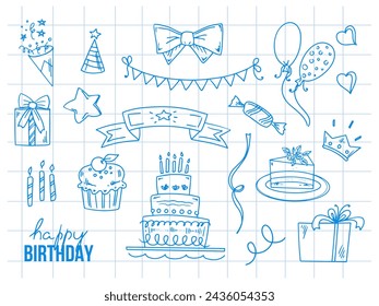 Birthday doodle set. Hand-drawn vector Happy Birthday sketches on background of checkered notebook sheet. Cake with candles, party cap, garland, balloon, star, cap, bow, heart, candy, cupcake