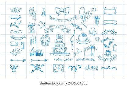 Birthday doodle set. Hand-drawn vector Happy Birthday sketches on the background of a checkered notebook sheet. Envelope, cake, balloon, ice cream, flags, hearts, bow, gift, star blue contour icons.