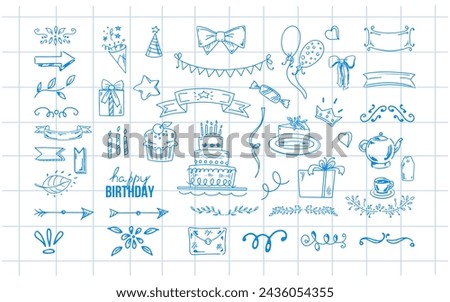 Birthday doodle set. Hand-drawn vector Happy Birthday sketches on the background of a checkered notebook sheet. Envelope, cake, balloon, ice cream, flags, hearts, bow, gift, star blue contour icons.