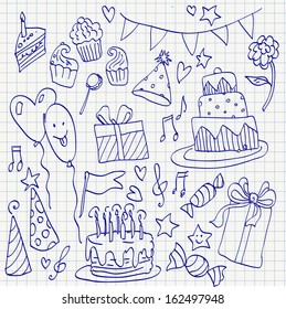 Birthday doodle sketchy vector illustration set,  hand drawn icon