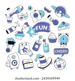 Birthday doodle style with celebration elements, food items, and firecrackers