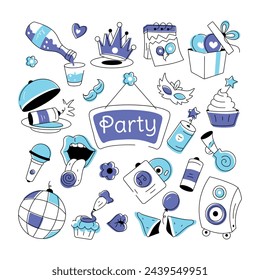 Birthday doodle style with celebration elements, food items, and firecrackers