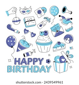 Birthday doodle style with celebration elements, food items, and firecrackers