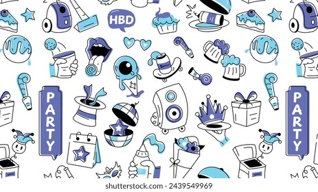 Birthday doodle style with celebration elements, food items, and firecrackers
