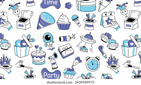 Birthday doodle style with celebration elements, food items, and firecrackers