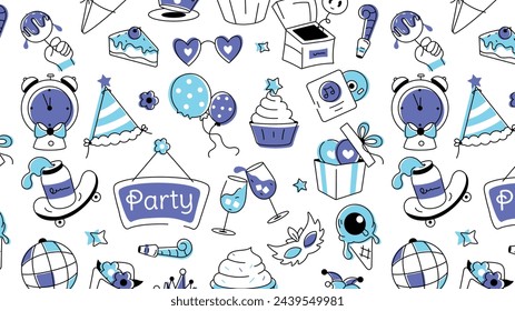 Estilo de garabato de cumpleaños con elementos de celebración, alimentos y petardos