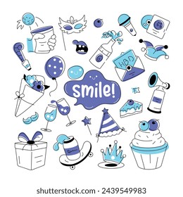 Birthday doodle style with celebration elements, food items, and firecrackers