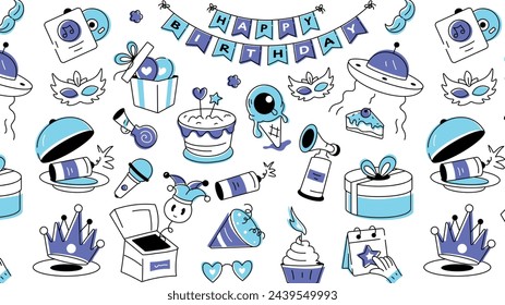 Birthday doodle style with celebration elements, food items, and firecrackers
