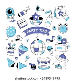 Birthday doodle style with celebration elements, food items, and firecrackers