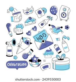 Birthday doodle style with celebration elements, food items, and firecrackers