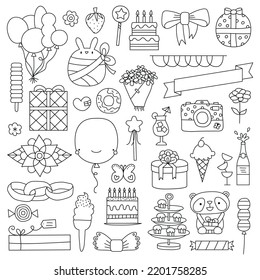 Birthday doodle vector illustration set