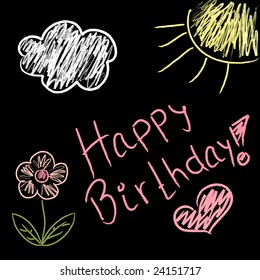 Birthday doodles on black blackboard with handwritten text