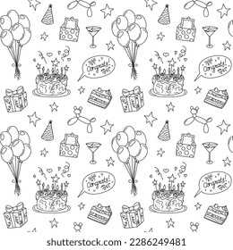 Birthday doodles pattern. Seamless vector black and white background with bday funny doodle elements. Hand drawn repeat illustration.