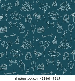 Birthday doodles pattern. Seamless vector background with bday elements. Cute kid pattern.