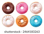 Birthday doughnut vector set design. Birthday donut cake desserts with chocolate cream, strawberry icing and sprinkles yummy food 3d realistic collection. Vector illustration doughnut cake design. 
