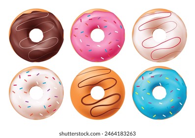 Birthday doughnut vector set design. Birthday donut cake desserts with chocolate cream, strawberry icing and sprinkles yummy food 3d realistic collection. Vector illustration doughnut cake design. 
