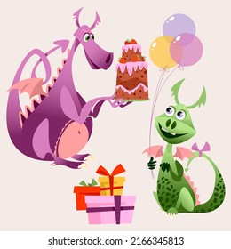 Birthday dragon. Little dragon with air balloons, mother dragon with birthday cake. Vector illustration

