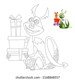 Birthday dragon. Little dragon with a stack of gift boxes. Сoloring page. Vector illustration