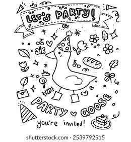 Geburtstag Ente Gans Party Vektor für Geburtstag Karte Verpackung Party Einladung. Doodle Illustration handgezeichnete Stil der Partygans mit Geburtstagsdekoration.