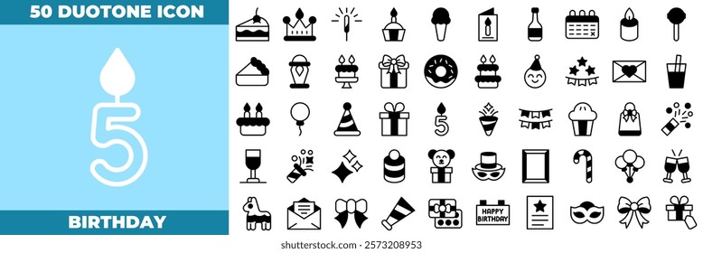 Birthday Duotone Editable Icons set. Vector illustration in modern thin duotone style of birthday icons: birthday, cake, hat, etc