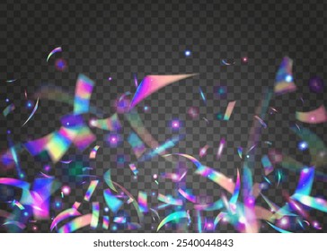 Birthday Effect. Happy Holographic Explosion. Purple Light Background. Falling Design. Foil Texture. 3d Burst. Rainbow Flag. Neon Confetti. Pink Birthday Effect