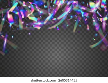 Birthday Effect. Purple Light Glitter. Laser Iridescent Explosion. Color Confetti. Celebrate Burst. Falling Tinsel. Art Sparkle. Abstract Paper. Blue Birthday Effect