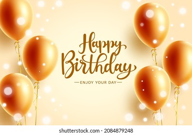 Birthday elegant greeting vector design. Happy birthday text with gold balloon bunch element with bokeh lights for golden birth day celebration decoration. Vector illustration.
