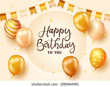 Birthday elegant greeting vector design. Happy birthday text in gold background with golden balloons and pennants celebration elements for celebrating birth day decoration. Vector illustration.
