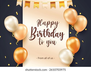 Birthday elegant greeting vector design. Happy birthday text in gold background with golden balloons and pennants element for birthday celebration decoration. Vector illustration.
