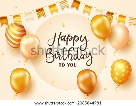 Birthday elegant greeting vector design. Happy birthday text in gold background with golden balloons and pennants celebration elements for celebrating birth day decoration. Vector illustration.
 商業照片 © 