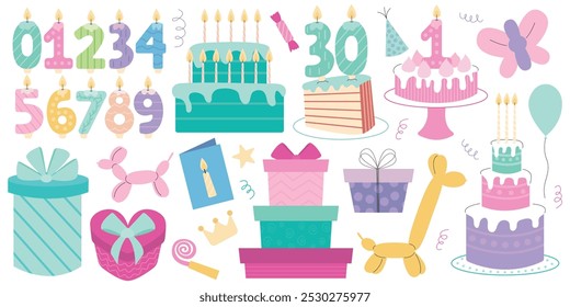 Birthday elements big vector set. Candle numbers, birthday cakes, gift boxes, balloons.