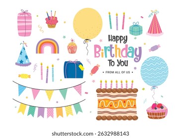 Birthday elements clipart set. Happy birthday colorful party elements clip art collection like cake, pennants, balloons, gifts, candles and typography text drawing object in white background vector 