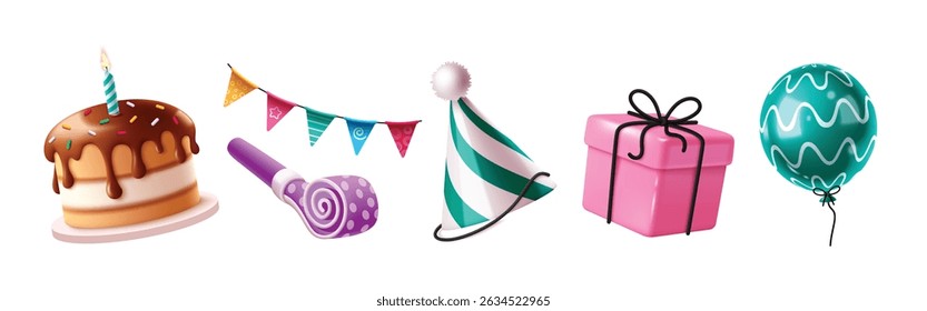 Birthday elements clipart set. Happy birthday festive decoration elements like cake, pennants, blowing balloon, party hat and pink gift box clip art collection vector illustration.
