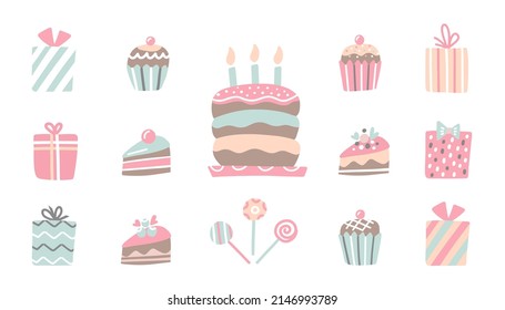 Birthday elements collection in hand drawn. Gift boxes, festive cake with candles, desserts with berries, sweets, lolipops isolated. Vector illustration for greeting, party design, restaurant menu.