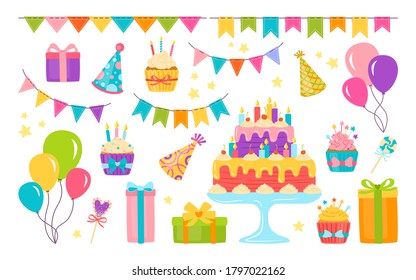 Birthday elements flat set. Cartoon present, cake, candle, gift box cupcake. Party design elements, balloons and sweets, cap. Colorful celebration food and candy. Isolated vector illustration