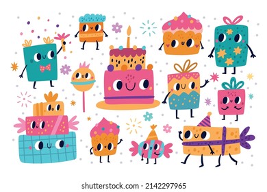 Birthday elements. Gifts and holidays accessories with eyes, faces and hands. Funny party items. Cakes and sweets characters. Color festive boxes. Vector anniversary