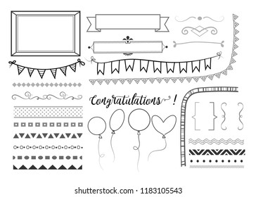 Birthday elements. Hand drawn doodle set of greeting card design elements. Vector illustration.