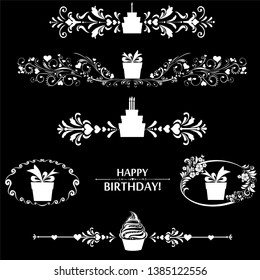 Birthday elements. Hand drawn doodle set with birthday cake, cupcake, gift box.  Concept design for birthday party invitation. Chalk hand drawn. Black and white birthday party icons set. Vector 